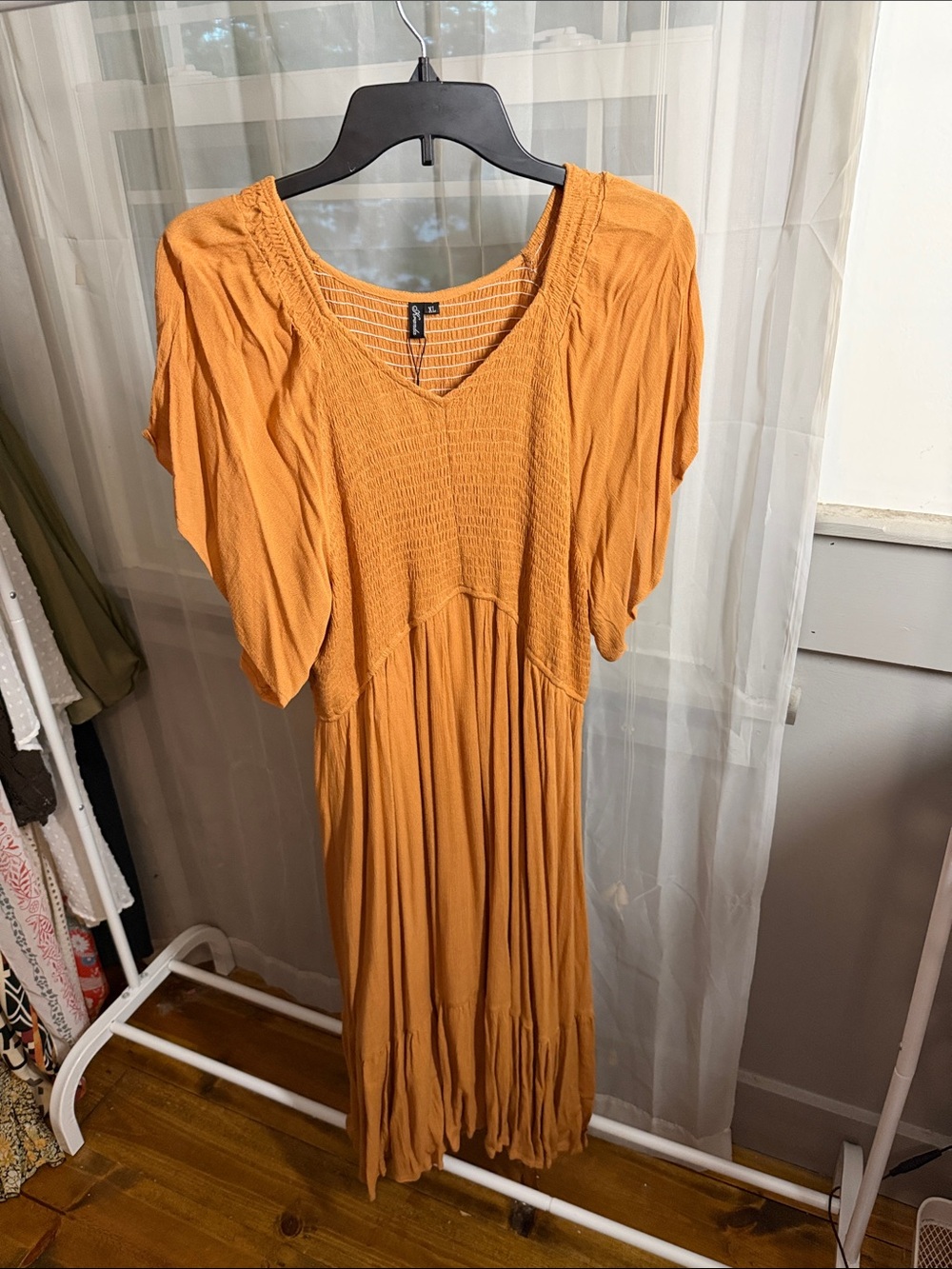 Smocked V-Neck Maxi Dress in Mustard